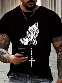 Men's Prayer Hand Gesture & Cross Print Short Sleeve T-Shirt - Black - View 2