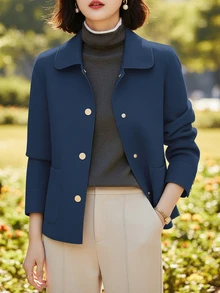 歐美風優雅秋冬女款長袖開襟外套，翻領法式休閒，女款純色大衣秋季 - 寶藍色 - 查看 3