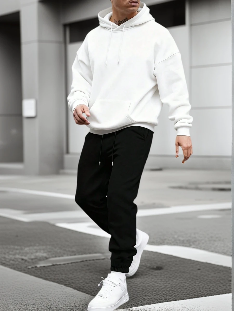 Bộ đồ vest rộng rãi, thoải mái, mùa thu, áo nỉ trùm đầu dài tay trễ vai màu trơn và quần cạp rút cho nam - trắng - Xem 1