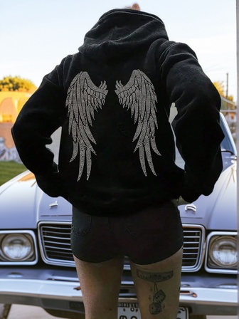 秋冬新款简约时尚天使翅膀印花休闲连帽羊毛黑色卫衣，百搭，适合女性