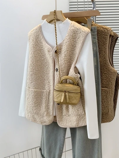 YUXIN Women's Essential Item For Autumn/Winter! Soft Faux Lambswool Sleeveless Cardigan Vest With Dual Pockets, Super Warm And Versatile For Daily Wear