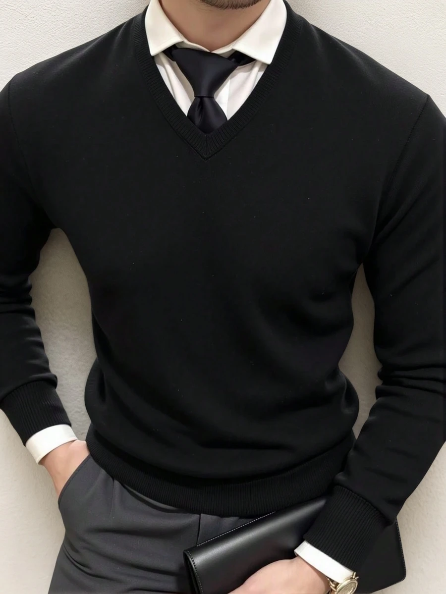 Suéter de punto de cuello en V de manga larga para hombre, para otoño e invierno - Negro - Ver 1