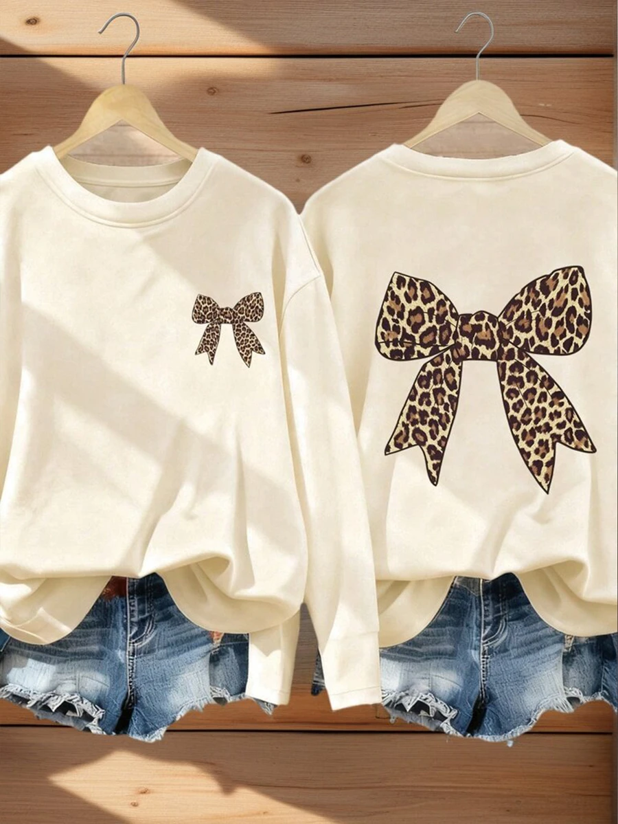 1件少女休闲蝴蝶印花长袖T恤，舒适百搭，适合年轻学生，秋冬季穿着 - 杏色 - 查看 1