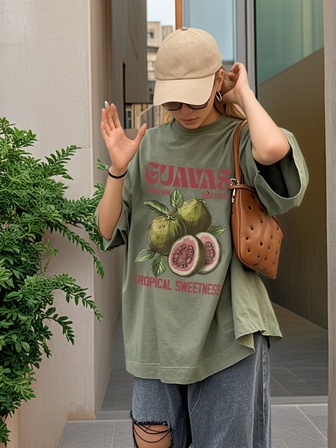 New Soft & Versatile Casual Women Loose Fitting Crew Neck Summer Breathable Fruit Print T-Shirt
