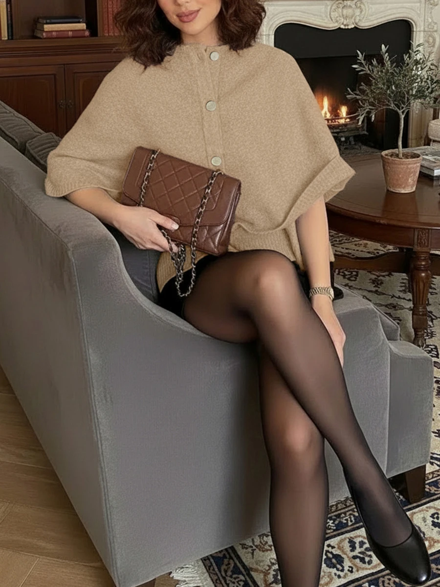 FOR BEAUTY Spring/Summer New Solid Color Round Neck Single-Breasted Poncho-Style 2-In-1 Knit Cardigan Women Top, Fashionable, Elegant, Minimalist, Versatile, Loose Fit, Suitable For Dates, Outings, Commuting, Spring Knitwear Jacket - Warm Apricot - View 1