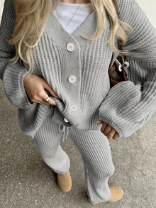 مجموعة كنزة صوفية محبوكة بلون أحادي فضفاضة للنساء، كارديجان أنيق كبير الحجم، أفضل ملابس منزلية كاجوال، ملابس نسائية عصرية وبسيطة