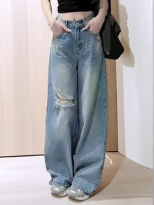 复古蓝色牛仔阔腿高腰直筒牛仔裤，春夏女士 - 藍色 - 查看 2