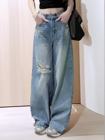 复古蓝色牛仔阔腿高腰直筒牛仔裤，春夏女士
