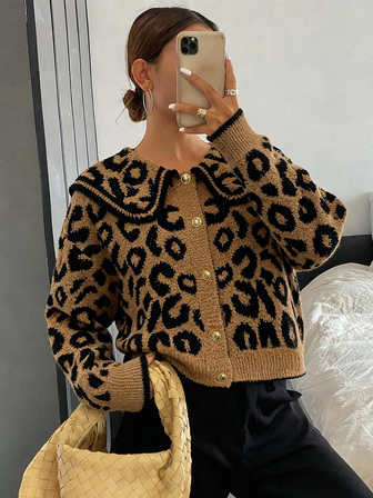 Cárdigan de punto con botones y estampado de leopardo, elegante y cómodo para uso casual, viajes, universidad, hogar, otoño/invierno