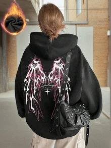 女士复古美式黑色烟熏骨刺翅膀印花保暖宽松休闲卫衣，带口袋，秋冬款 - 黑色 - 查看 3