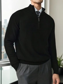 Men's Slim Fit Half Zip Ribbed Knit Sweater , Autumn/Winter, Long Sleeve Top - Black - View 1