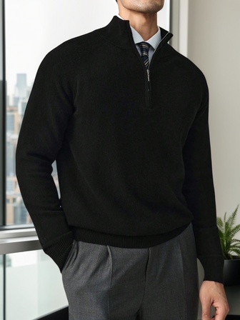 Herrtröja med smal passform och halv dragkedja, ribbad stickad tröja, höst/vinter, långärmad topp
