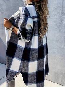 Women's Checkered Drop Shoulder Long Sleeve Casual Long Jacket With Pockets, Autumn/Winter
