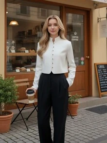 Áo kiểu nữ dáng crop top phong cách Trung Hoa mới, cổ đứng, cài nút, tay dài, màu trơn thanh lịch, dáng ôm, màu trắng - trắng - Xem 3