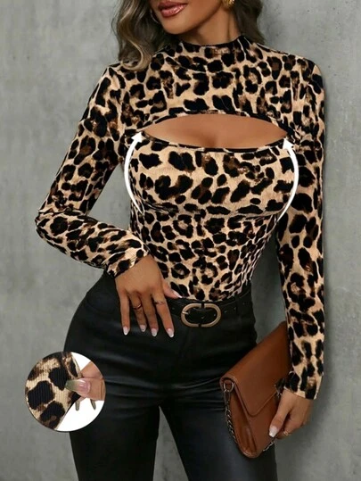 Dam Leopard Fläcktryckt Långärmad T-shirt med ihålig passform