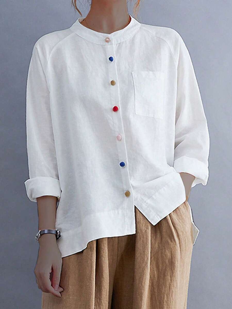 Women's Solid Color Open Collar Raglan Sleeve Colorful Button Shirt, Autumn White Spring - White - View 1