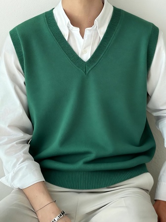 Men's V-Neck Knit Sweater Vest, Solid Color, Classic Style, Slim Fit, Versatile, Long Sleeve Top