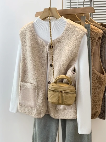 YUXIN 秋冬季女士必备单品！柔软仿羊羔绒无袖开衫背心，配有双口袋，超级保暖，日常百搭。