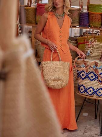 ชุดผู้หญิง 2 ชิ้น เสื้อกั๊กไม่มีแขน สีเรียบ และกระโปรงเอ-ไลน์, ใส่ได้ทุกโอกาส สำหรับฤดูร้อน