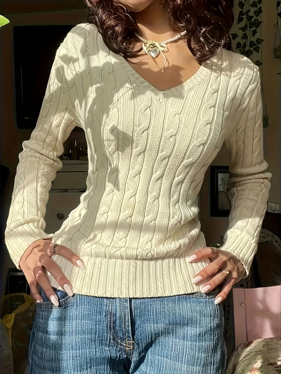 Women's Classic Twist Knit Pullover Sweater, V-Neck Long Sleeve High Elasticity Knit Top
