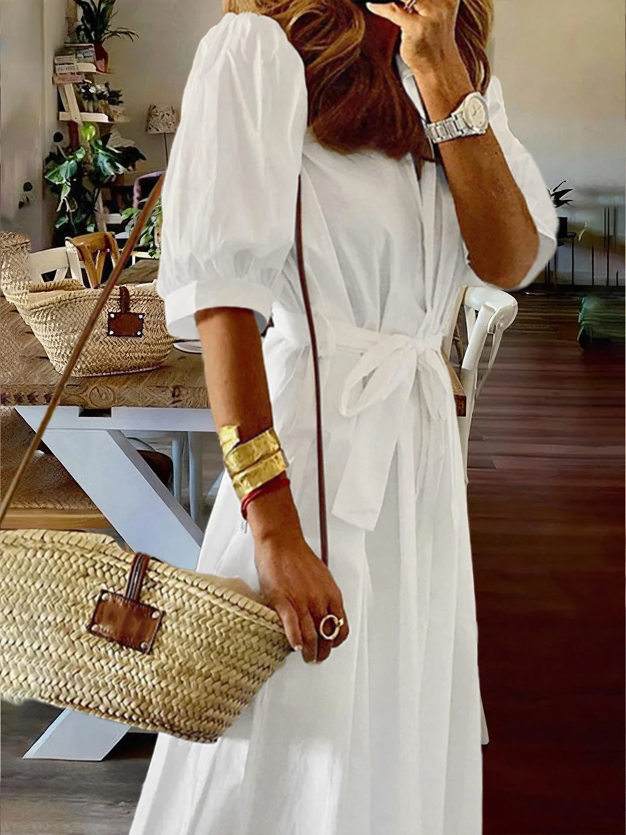 女士轻薄衬衫裙，开领纯色宽松衬衫裙，系带泡泡袖，短袖，无弹力，休闲通勤法式简约风格，优雅女士度假装，毕业季、情人节、独立日、返校季礼物，女士白色夏季连衣裙 - 白色 - 查看 1