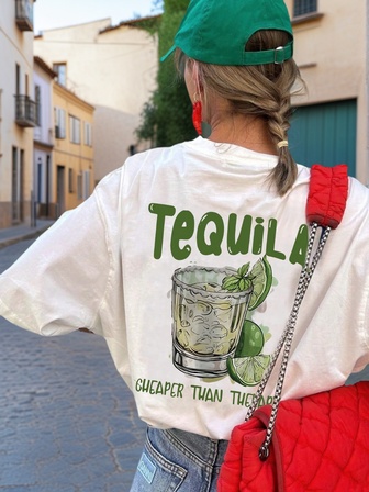 全新女式柔软百搭休闲春夏时尚宽松圆领透气龙舌兰印花 T 恤