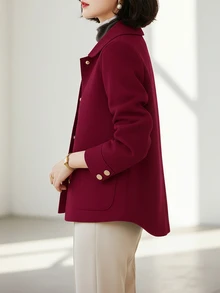 时尚简约女士翻领单排扣高品质短款羊毛大衣，休闲宽松纯色长袖复古优雅风格，搭配时尚单品，女士冬季羊毛大衣 - 酒紅色 - 查看 5