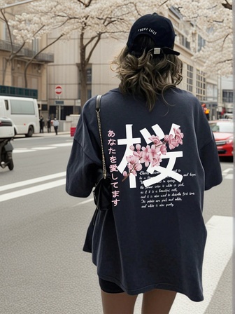 Women's Casual Japanese Cherry Blossom Print Crew Neck Short Sleeve T-Shirt, Versatile Fashion Top