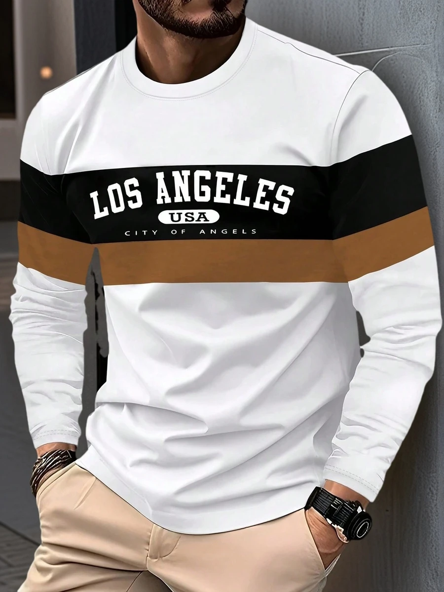 Autumn New Black & White Contrast Color Business Casual Round Neck Men's Long Sleeve T-Shirt, Suitable For Spring And Autumn Daily Wear - White - View 1