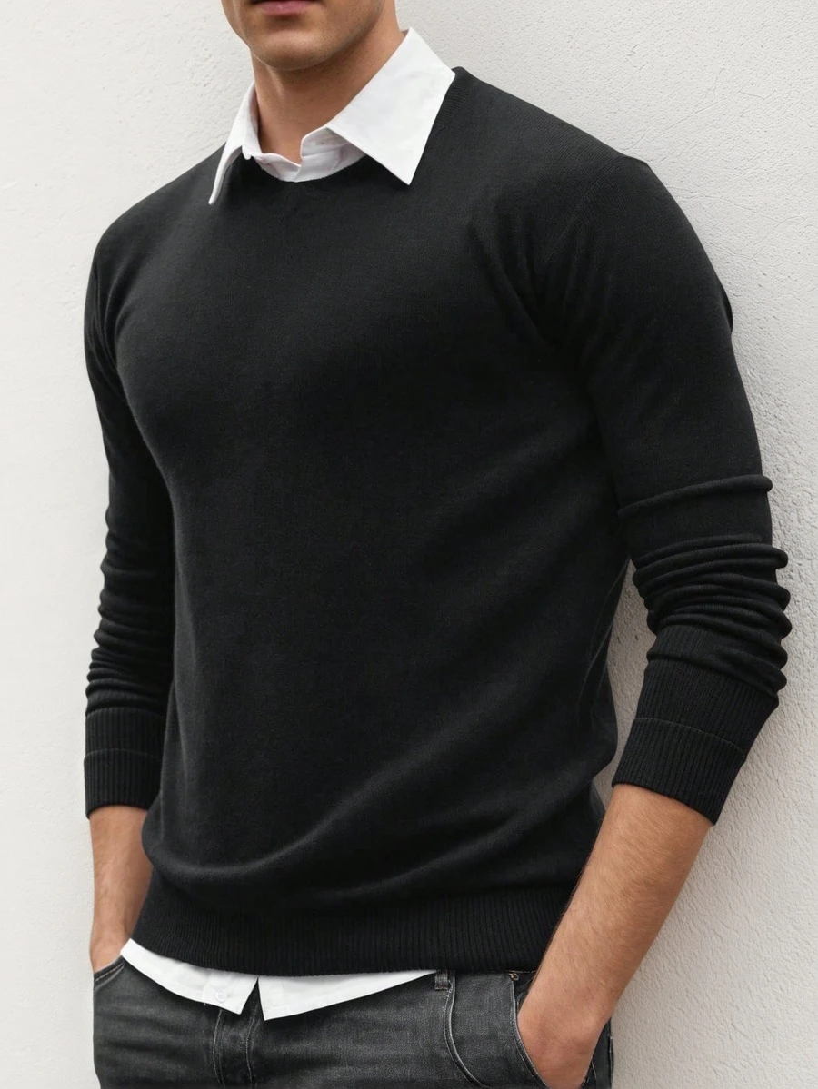 Men's Fashion Crewneck Knit Sweater, Long Sleeve Top, For Fall Winter - Black - View 1