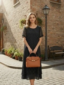 Women's Polka Dot Pattern Long Chiffon Wrap Dress, Layered Design, Elegant For Daily Outings, Commuting, Home & Leisure - Black - View 2