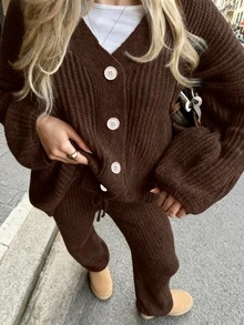 女士宽松纯色针织毛衣套装，超大优雅开衫，最佳休闲家居服，时尚简约女装 - 淺咖啡 - 查看 2