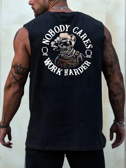 男士休闲骷髅和字母印花背心，夏季，万圣节适用