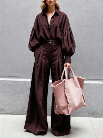 女装休闲时尚秋冬新款金属纽扣纯色领泡泡袖长袖衬衫和百搭阔腿裤套装，适合外出、上班、聚会，优雅时尚的通勤装