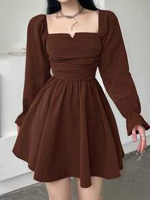 Rikumo 女士休闲纯色收腰长袖短款连衣裙（冬季款） - 棕色 - 查看 3