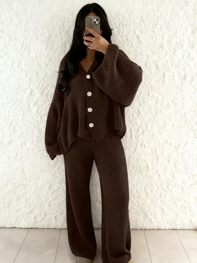 Löst enfärgat stickat tröjset för kvinnor, överdimensionerad elegant kofta, bästa vardagliga hemkläder, moderiktiga och minimalistiska damkläder