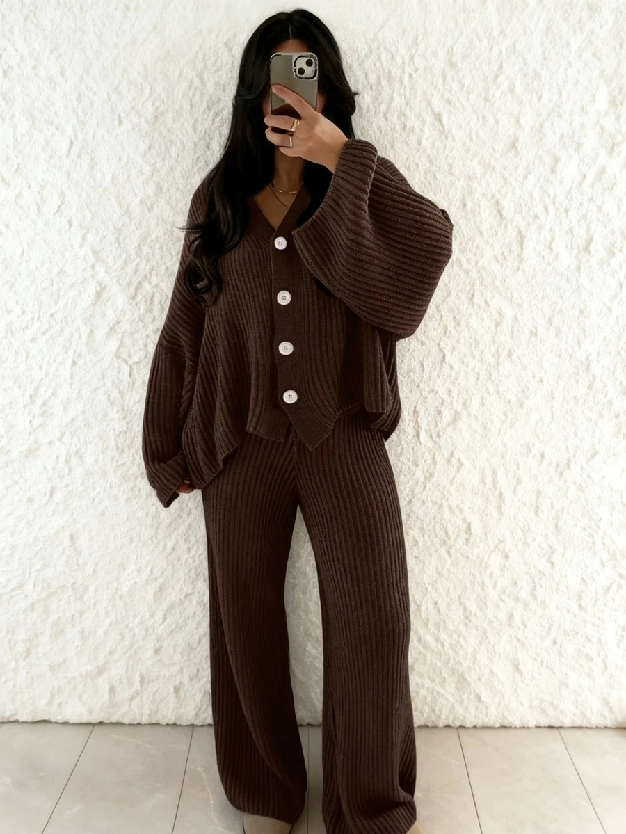 女士宽松纯色针织毛衣套装，超大优雅开衫，最佳休闲家居服，时尚简约女装 - 淺咖啡 - 查看 1