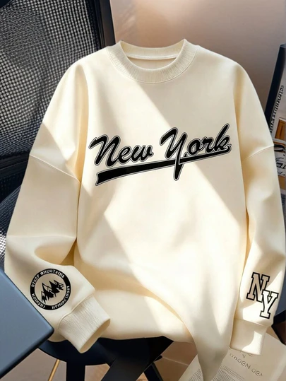 1 pieza Sudadera de cuello redondo con estampado gráfico de Nueva York para niño preadolescente, sudadera cálida, parte superior de manga larga casual para estudiante joven, adecuada para deportes, ocio, uso diario, versátil, académico, ropa urbana, otoño/invierno