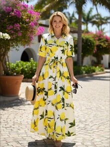 女士优雅、休闲、度假百搭柠檬印花衬衫裙，配有开衫纽扣细节和短袖