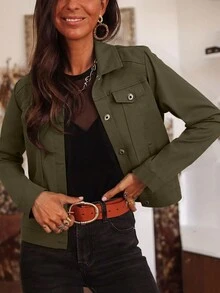 女式夹克外套，休闲学院风办公室通勤复古街头纽扣装饰牛仔效果夹克，适合日常/大学/办公室/旅行/机场装必备 - 橄欖綠 - 查看 1