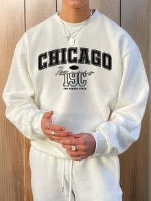 Men's Retro American Style Crew Neck Letter Graphic Sweatshirt , Chicago Letter Print , Casual Streetwear, Autumn/Winter, Long Sleeve Top