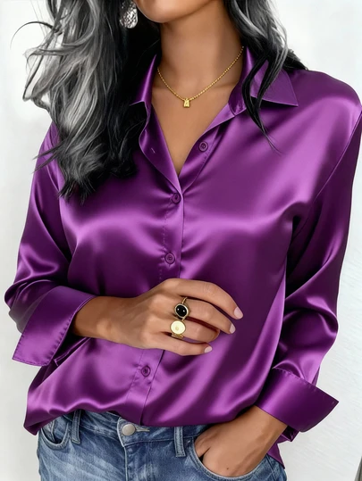 Women's Satin Blouse, Business Casual Button-Up Shirt With Collar Design, Elegant For Office And Casual Wear, Suitable For Autumn, Winter And Spring