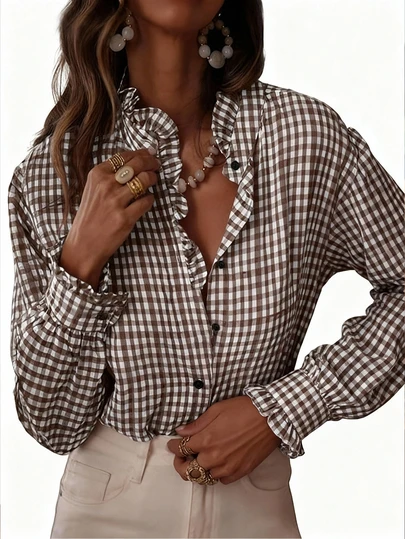 Blusa de mujer con cuello en V con volantes a cuadros, camisa a cuadros de manga larga con botones, de moda y versátil para la oficina y el uso en el hogar, adecuada para otoño, invierno y primavera