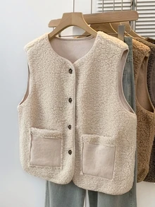 YUXIN 秋冬季女士必备单品！柔软仿羊羔绒无袖开衫背心，配有双口袋，超级保暖，日常百搭。 - 杏色 - 查看 3