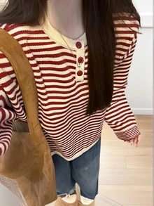 女士红色条纹撞色针织毛衣，宽松版型，秋冬 - 紅色 - 查看 2