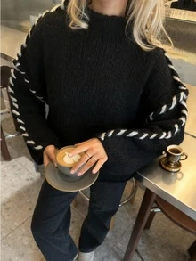 Women's Loose Handmade Color Block Drawstring Knit Sweater, Minimalist & Fashionable, Elegant Women's Apparel, Suitable For Everyday Wear, Autumn/Winter - Black - View 1