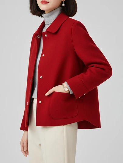 Fashionable Minimalist Women's Lapel Single-Breasted High-Quality Short Wool Coat, Casual Loose Solid Color Long Sleeve Retro Elegant Style, Paired With Fashionable Shirts, Women's Winter Wool Coat Outfit