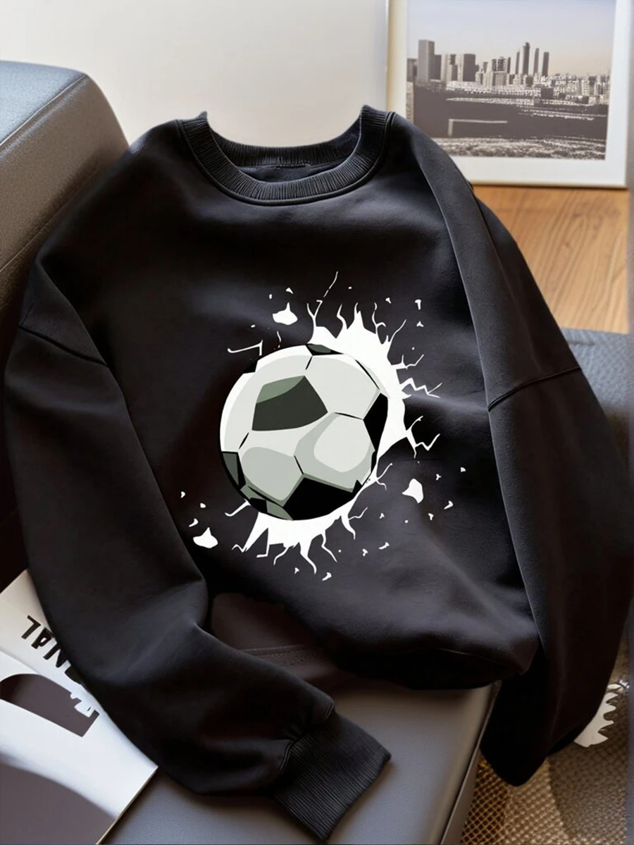 Tween Boy "Football" Print Warm Comfortable Crew Neck Sweatshirt, Suitable For Boys, One-Piece Autumn Top, Young Student Clothing - Black - View 1