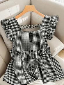 2025春夏时尚日常休闲通勤可爱风单排扣荷叶边格子女式衬衫，适合日常穿着、圣诞节、新年等场合。