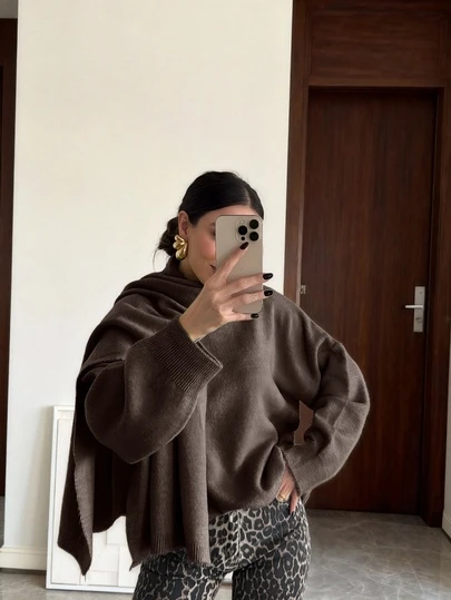 女士纯色针织毛衣围巾两件套，时尚优雅的毛衣套装，适合日常穿着和休闲搭配，简约女装（含围巾）